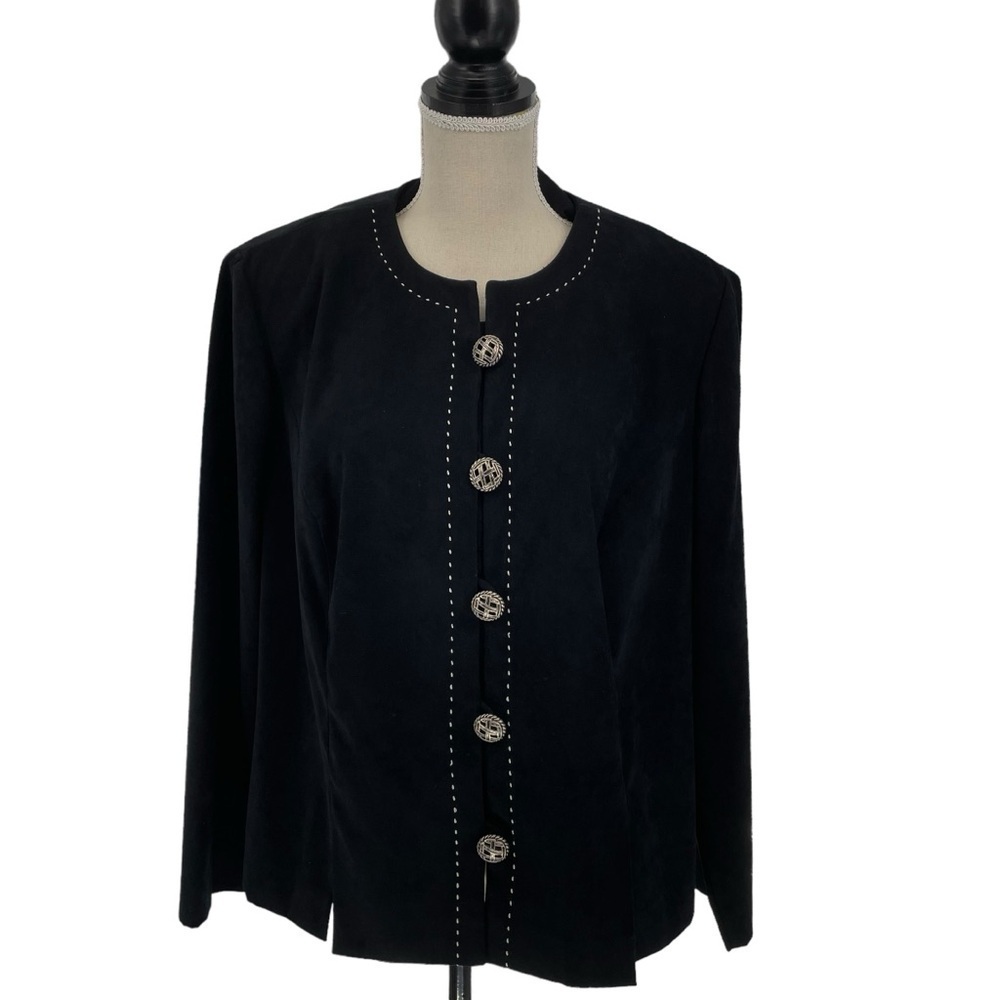 Leslie Fay Vintage Career Casual Travel Black Blazer, White Stitching - Sz 16WP